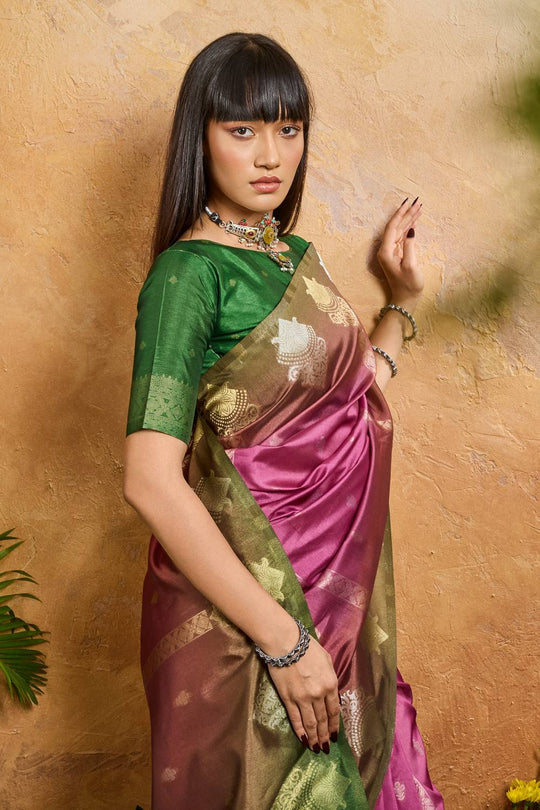 Suri Raspberry Pink Handloom Woven Paper Silk With Zari Work Ready to Wear One Minute Saree