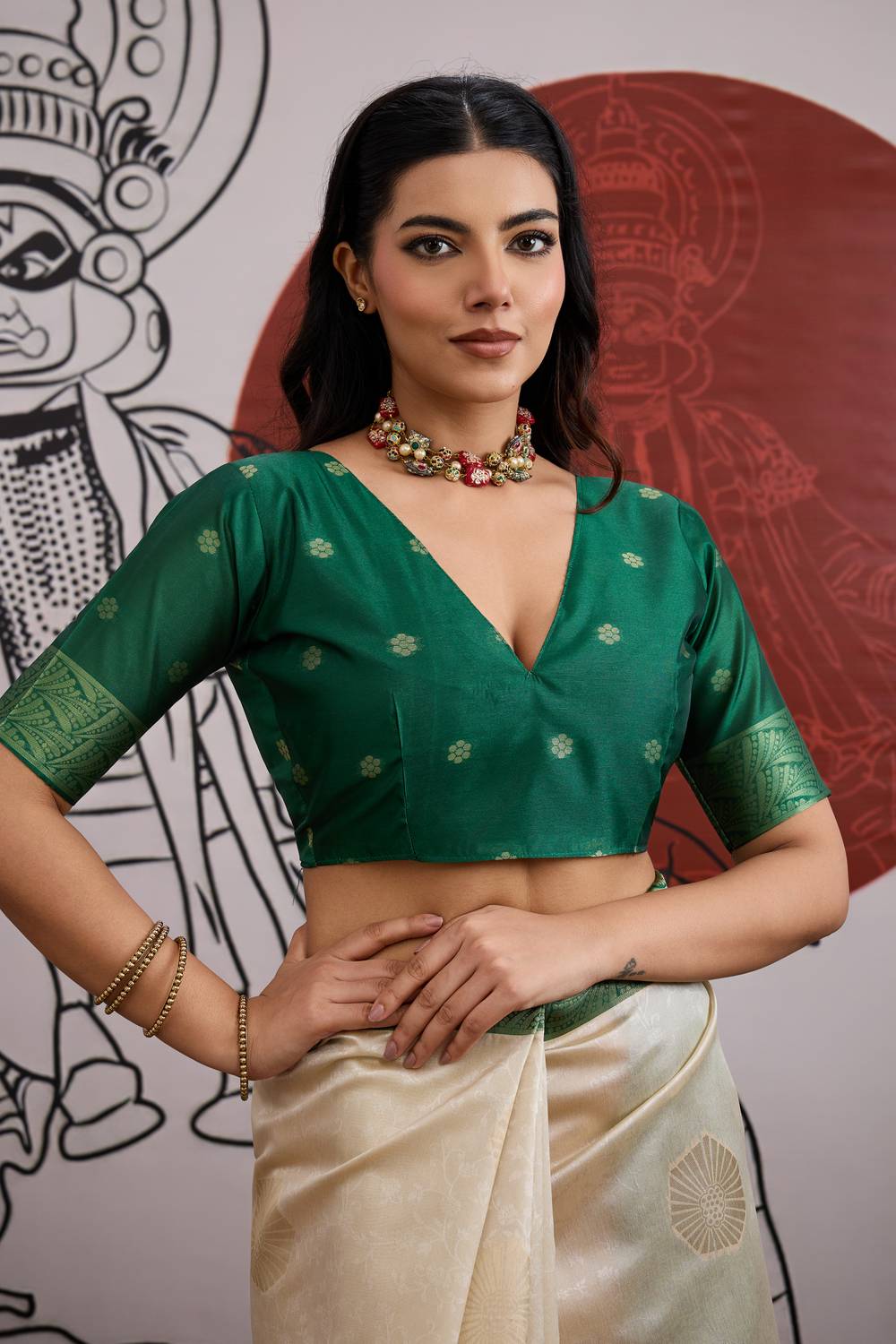 Mona Cream and Bottle Green Paper Silk Ready to Wear Saree