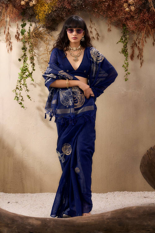 Samara Deep Blue Woven Soft Silk with Floral Motif Work Ready to Wear Saree