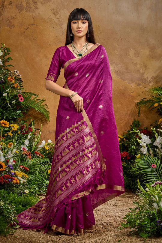 Nikka Magenta Tussar Silk Handloom Woven Tribal Border Ready to Wear Saree