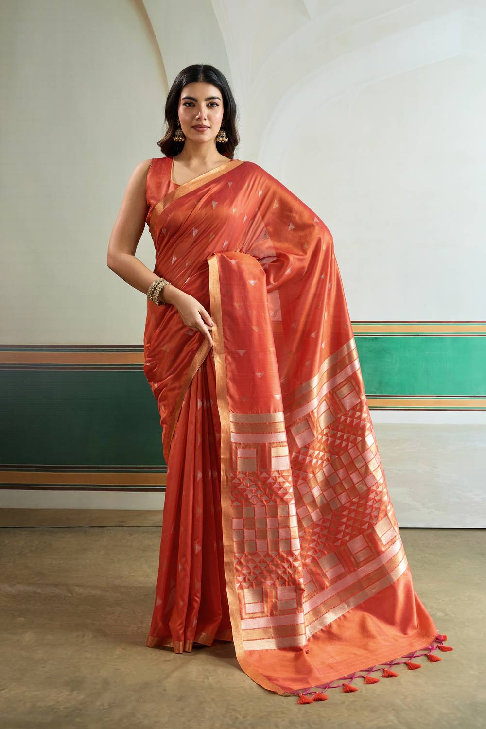Usha Rust Orange Tussar Silk Ikkat Handloom Weaving Ready to Wear Saree