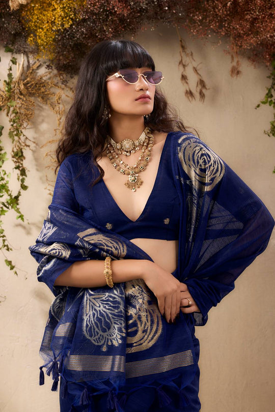 Samara Deep Blue Woven Soft Silk with Floral Motif Work Ready to Wear Saree