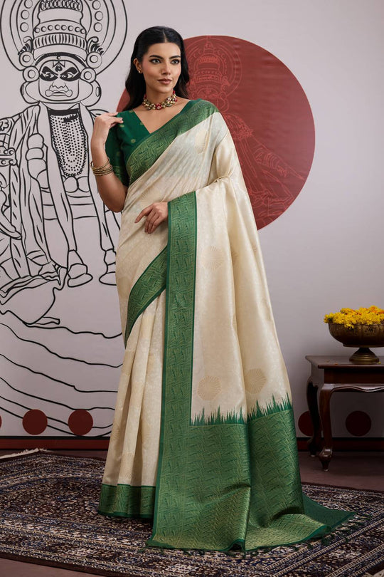 Mona Cream and Bottle Green Paper Silk Ready to Wear Saree