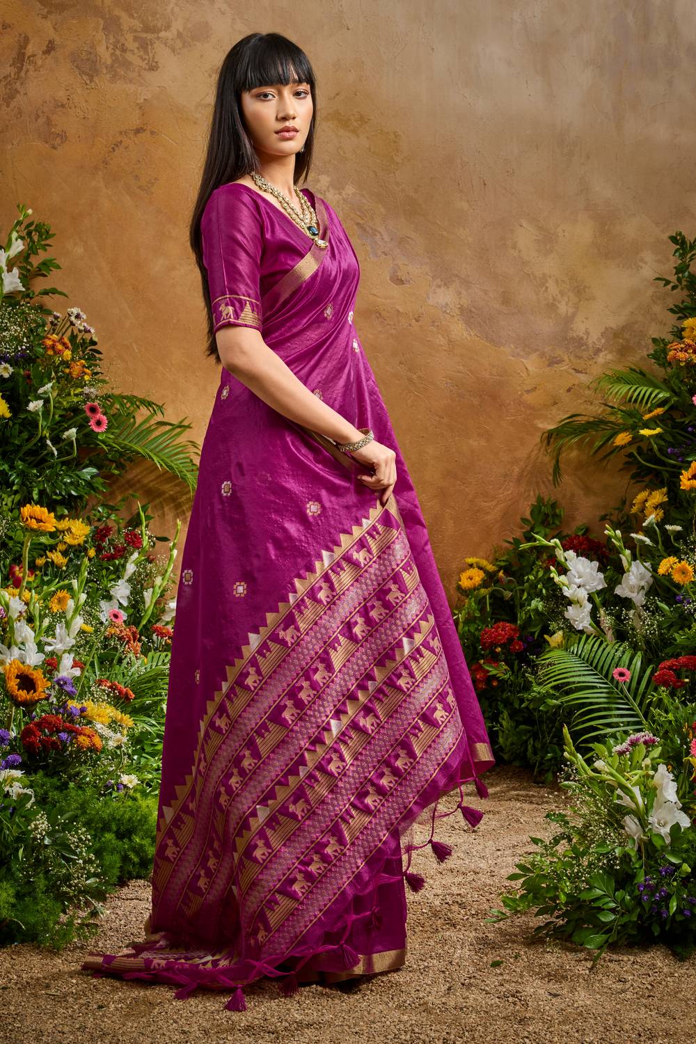 Nikka Magenta Tussar Silk Handloom Woven Tribal Border Ready to Wear Saree