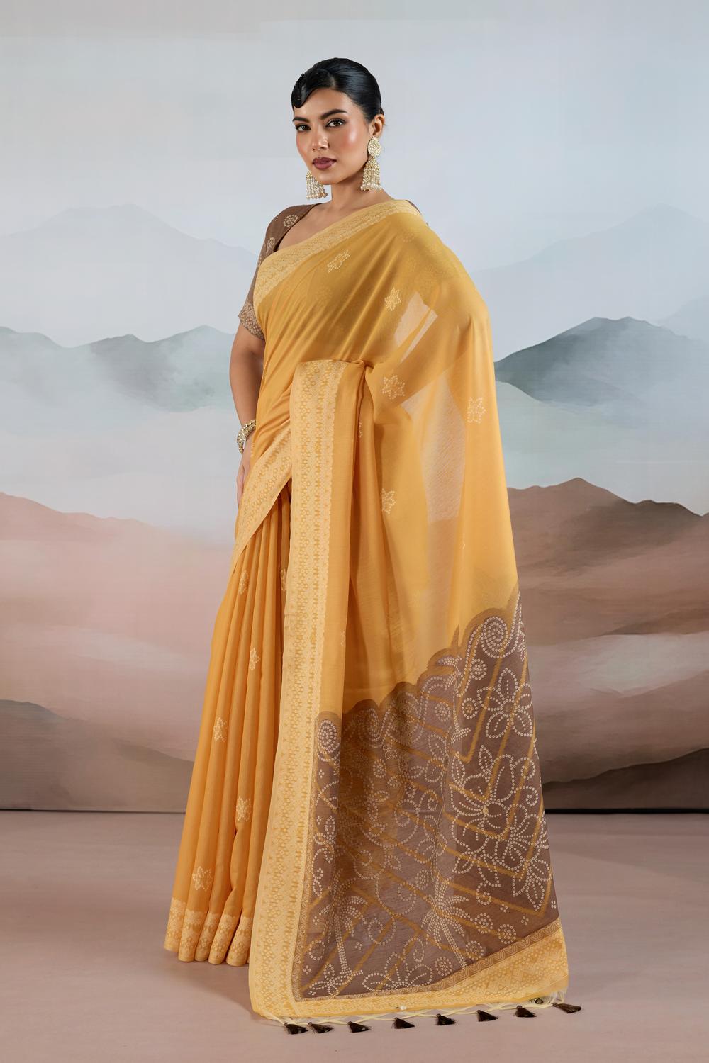 Neetu Marigold Yellow Pure Viscose Cotton Handloom Woven One Minute Saree
