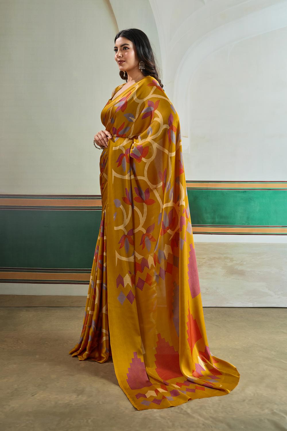 Aylani Mustard Modal Satin Ajrakh Print Ready to Wear Saree