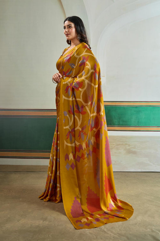 Aylani Mustard Modal Satin Ajrakh Print Ready to Wear Saree