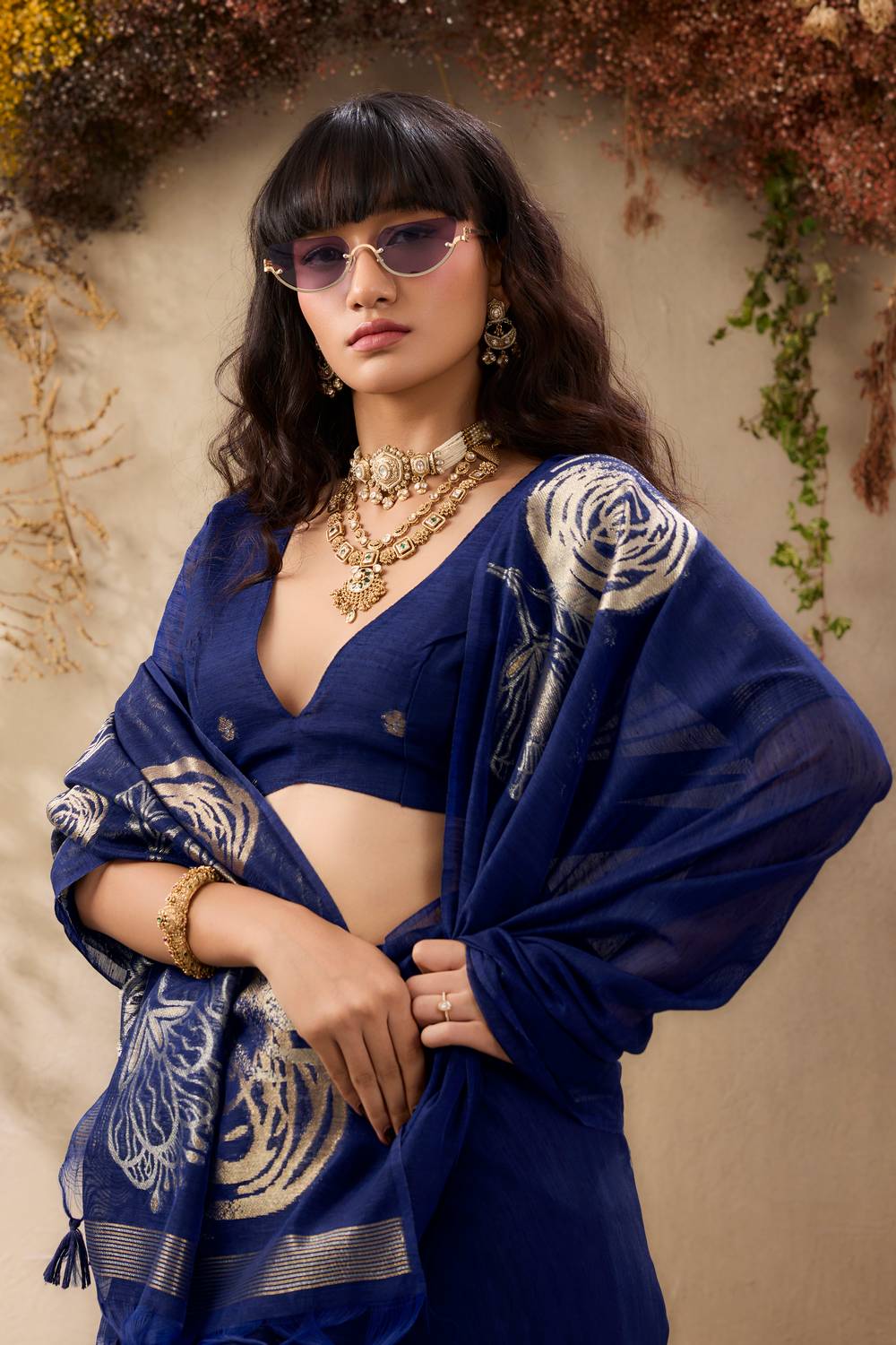 Samara Deep Blue Woven Soft Silk with Floral Motif Work Ready to Wear Saree