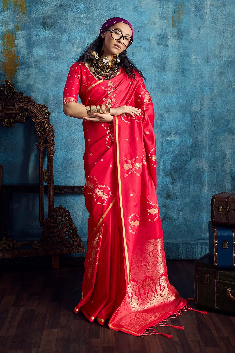 Ghazal Red Pure Satin Handloom Weaving Ready to Wear Saree