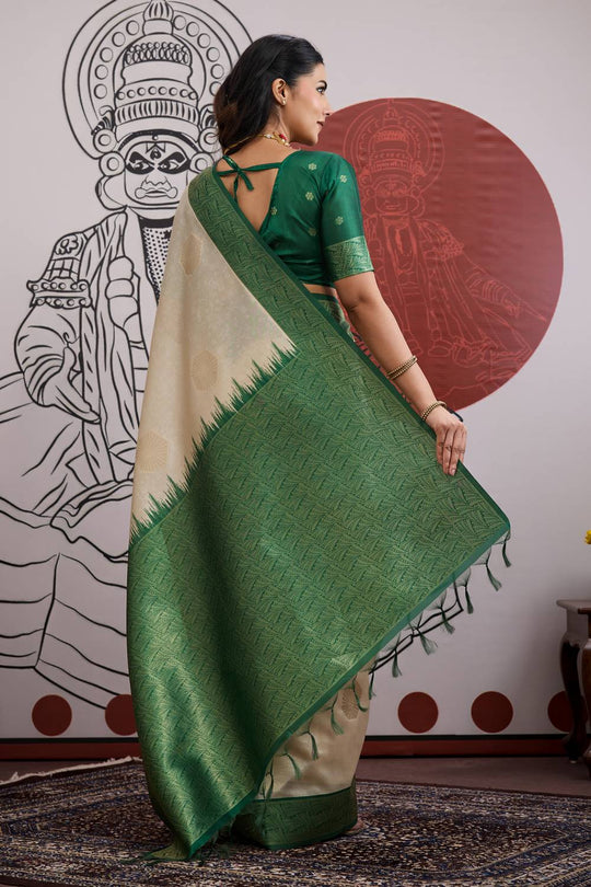 Mona Cream and Bottle Green Paper Silk Ready to Wear Saree