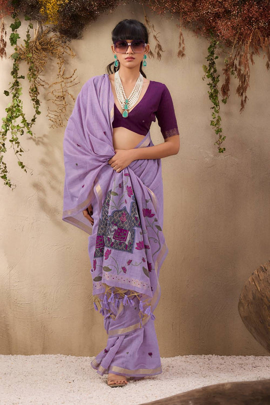 Sanja Lavender Purple Cotton Woven Ready to Wear Saree