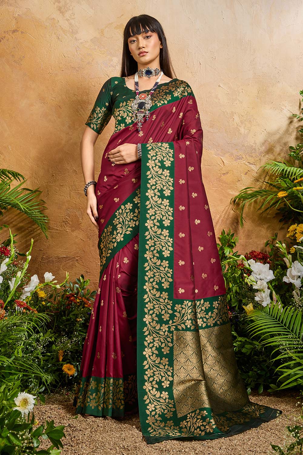 Roya Wine and Green Handloom Weaving Silk Ready to Wear Saree