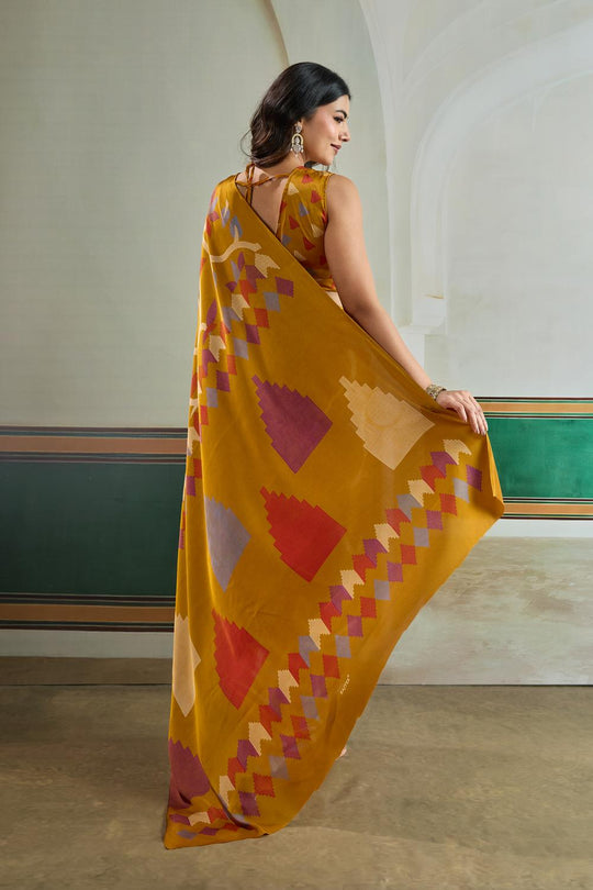 Aylani Mustard Modal Satin Ajrakh Print Ready to Wear Saree