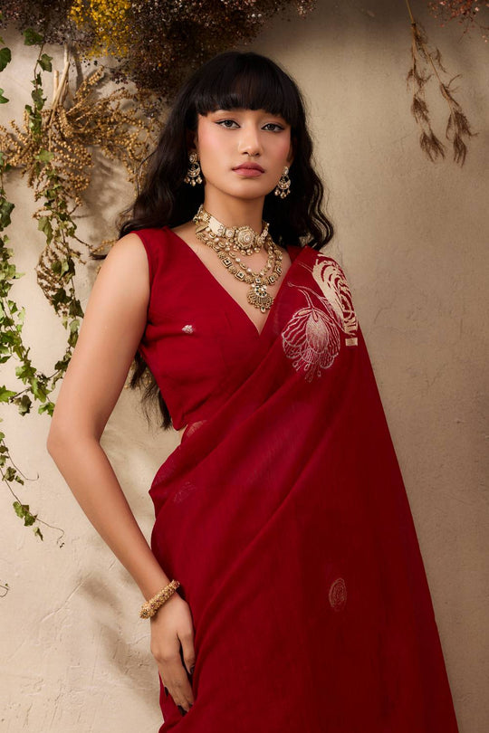Samara Classic Red Woven Soft Silk with Floral Motif Work Ready to Wear Saree