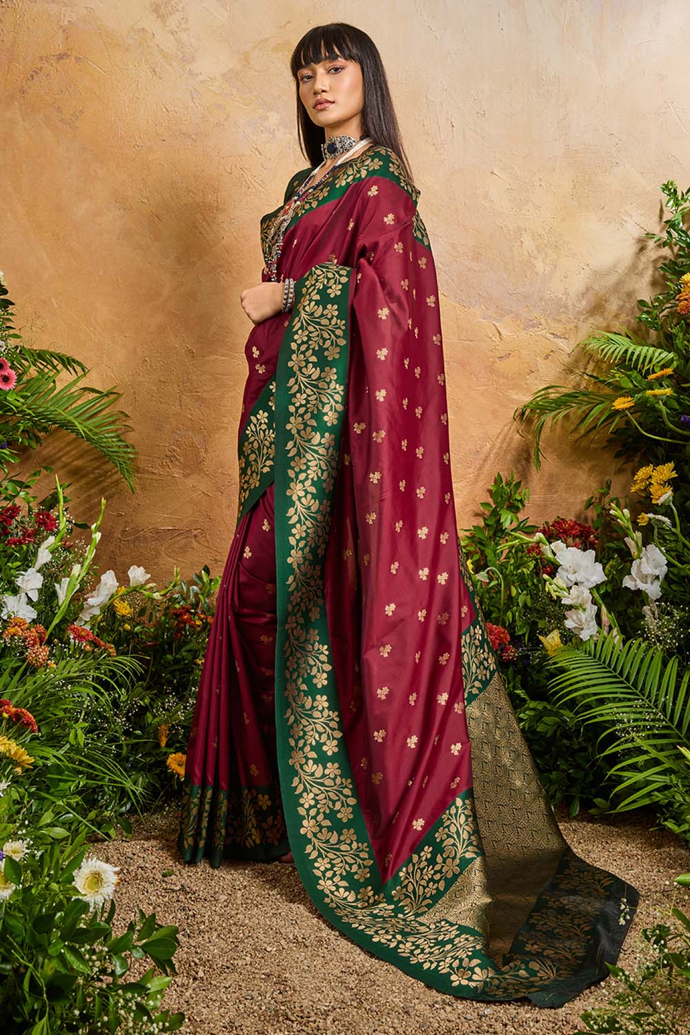 Roya Wine and Green Handloom Weaving Silk Ready to Wear Saree