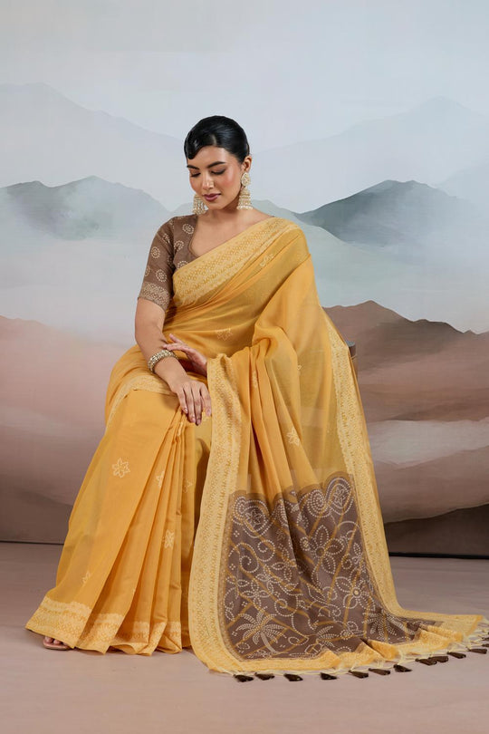 Neetu Marigold Yellow Pure Viscose Cotton Handloom Woven One Minute Saree