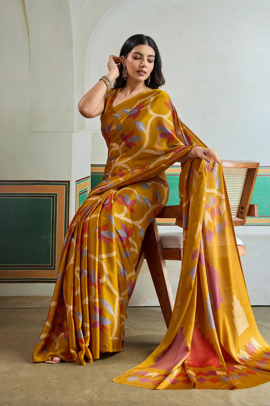 Aylani Mustard Modal Satin Ajrakh Print Ready to Wear Saree