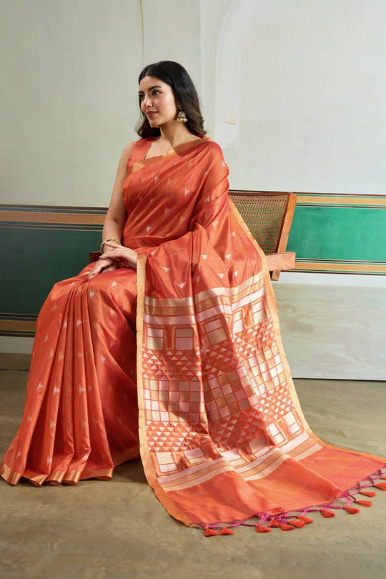 Usha Rust Orange Tussar Silk Ikkat Handloom Weaving Ready to Wear Saree