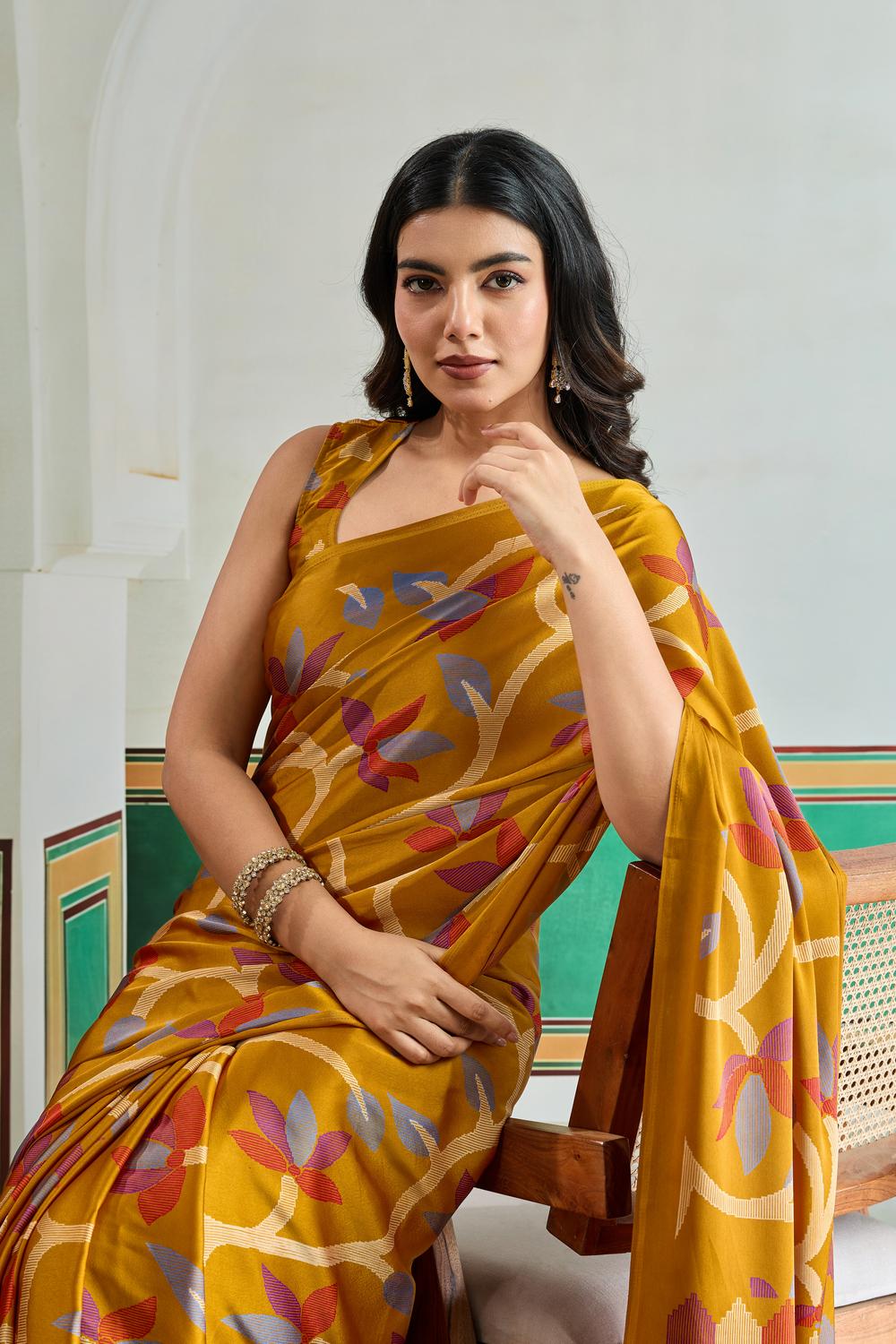 Aylani Mustard Modal Satin Ajrakh Print Ready to Wear Saree