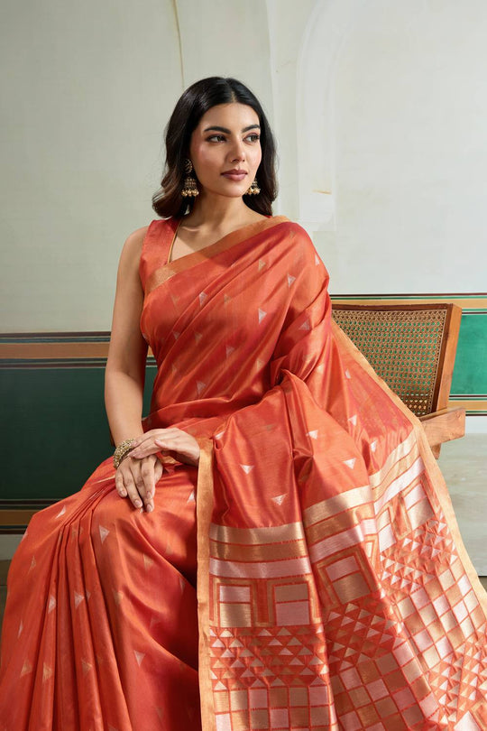 Usha Rust Orange Tussar Silk Ikkat Handloom Weaving Ready to Wear Saree