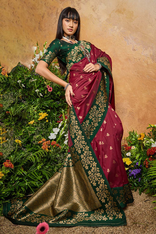 Roya Wine and Green Handloom Weaving Silk Ready to Wear Saree
