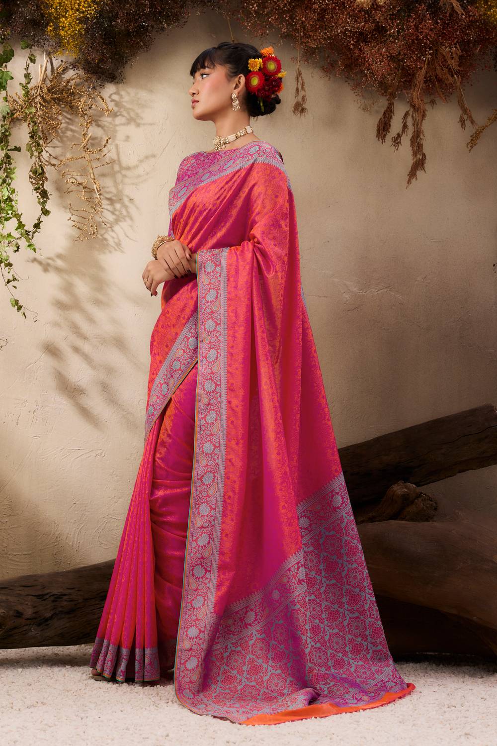 Jivana Rani Pink Pure Kanjivaram Weaving Silk Ready to Wear Saree
