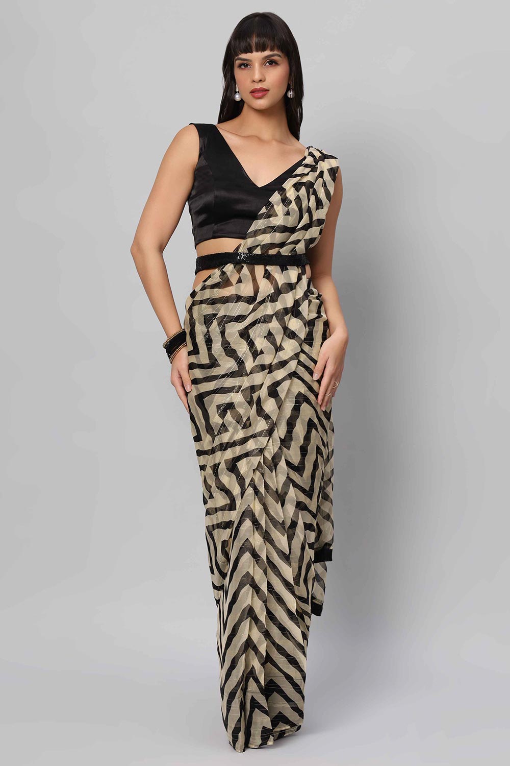 Maya Cream & Black Zigzag Georgette Ready2Ship One Minute Saree