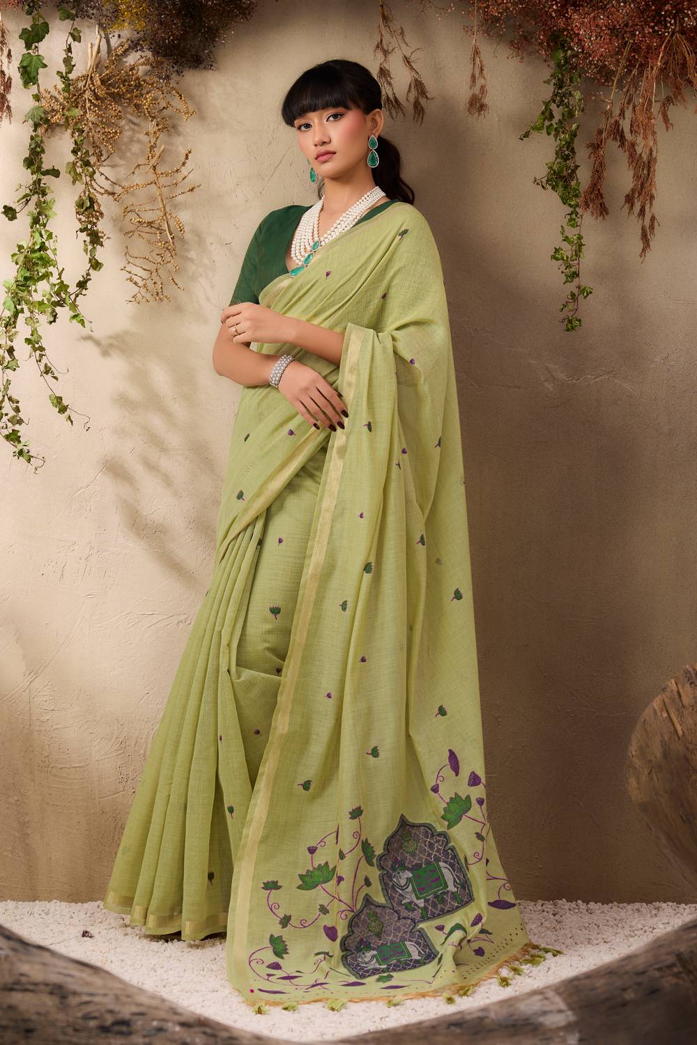 Sanja Pista Green Cotton Woven Ready to Wear Saree