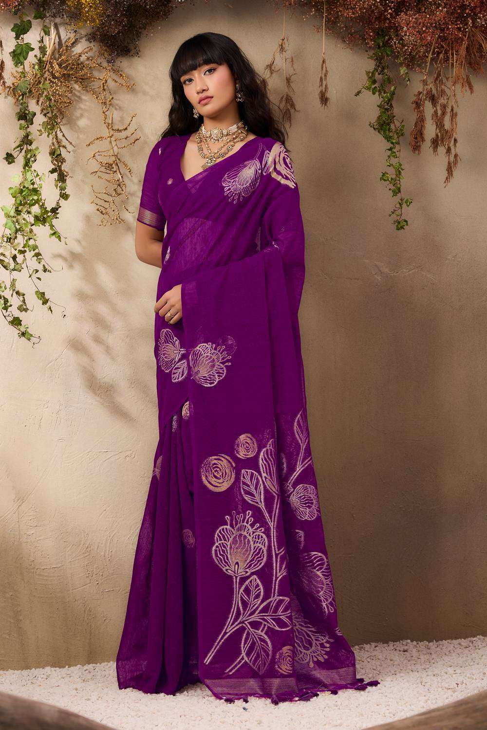 Samara Rich Purple Woven Soft Silk With Floral Motif Work Ready to Wear Saree