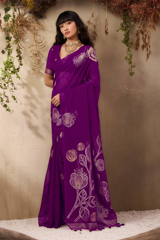 Samara Rich Purple Woven Soft Silk With Floral Motif Work Ready to Wear Saree