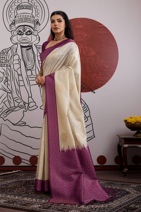 Mona Cream & Wine Purple Paper Silk Ready to Wear Saree