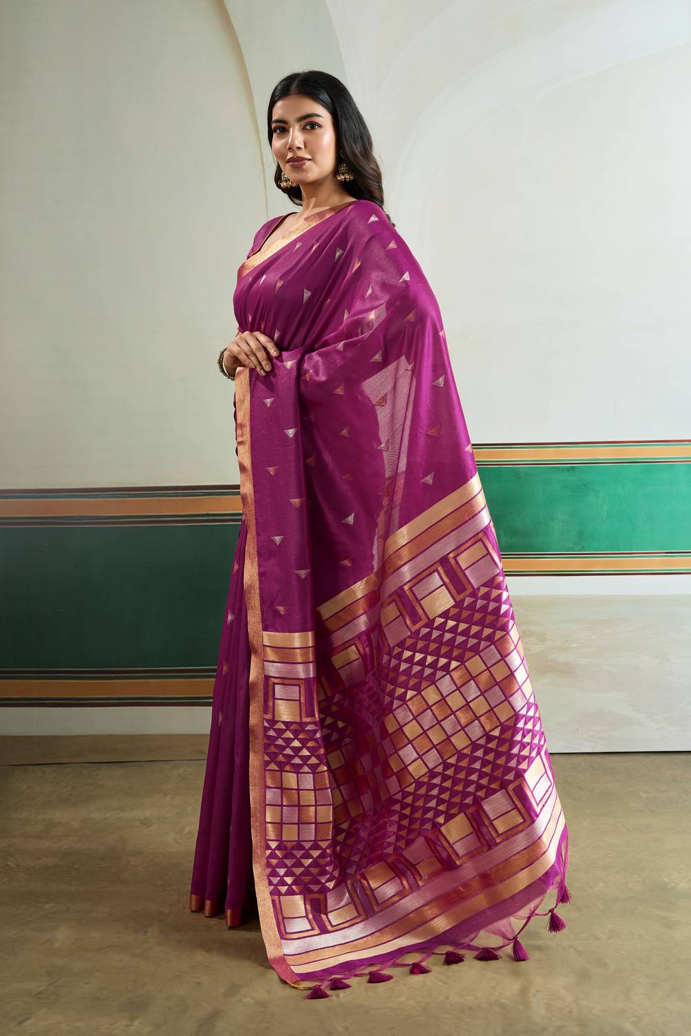 Usha Purple Tussar Silk Ikkat Handloom Weaving Ready to Wear Saree