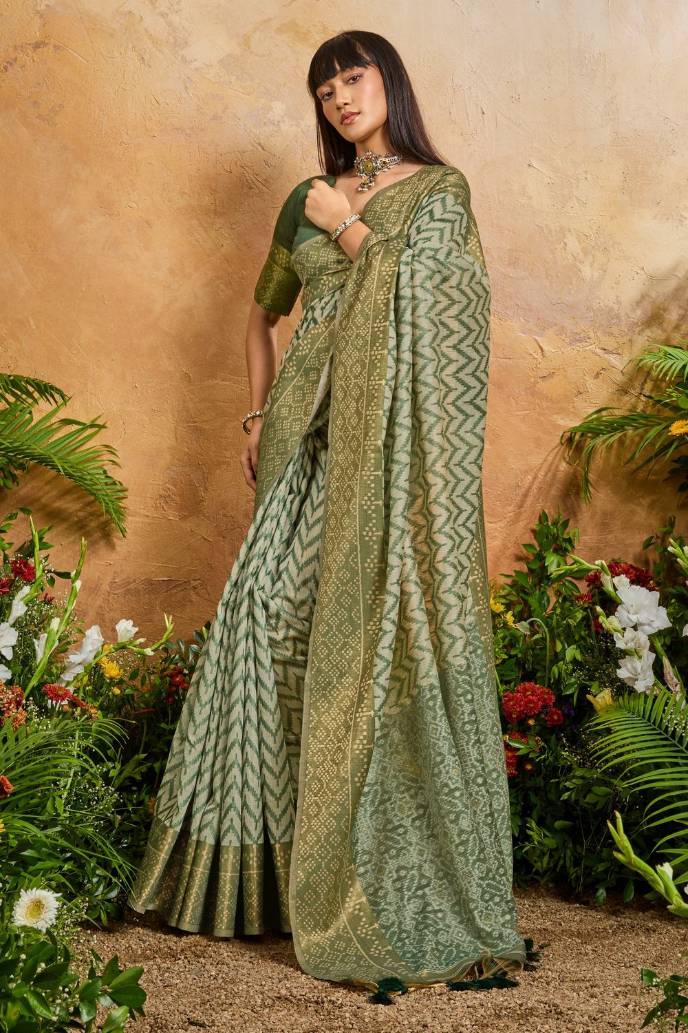 Helen Olive Green Viscose Cotton Handloom Woven Patola Ready to Wear Saree
