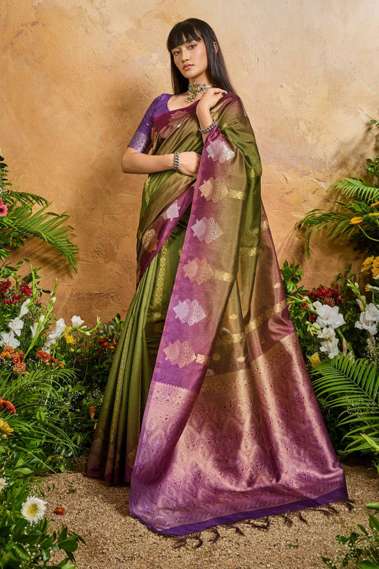 Suri Olive Green & Purple Paper Silk With Zari Work Ready to Wear One Minute Saree