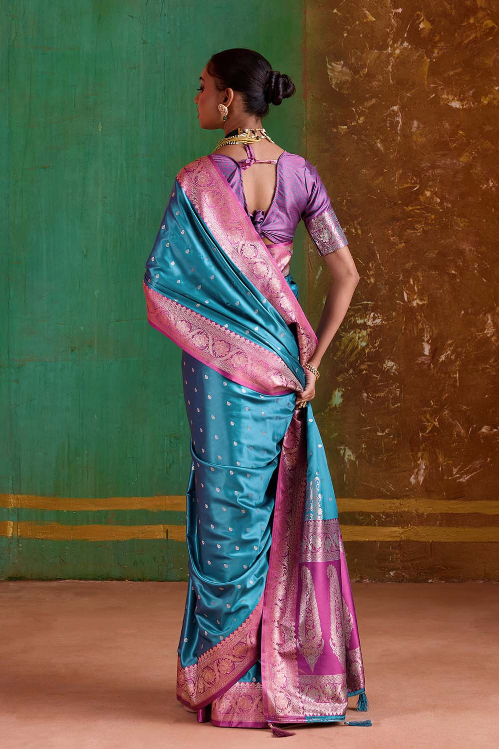 Julia Teal Satin Handloom Weaving Silk Ready to Wear Saree