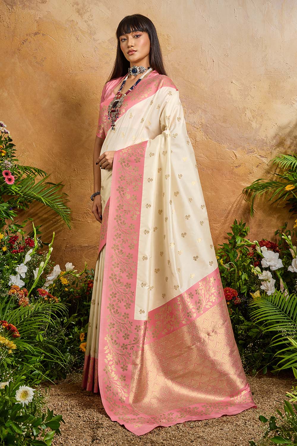 Roya Cream Pink Handloom Weaving Silk Ready to Wear Saree