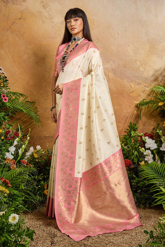 Roya Cream Pink Handloom Weaving Silk Ready to Wear Saree