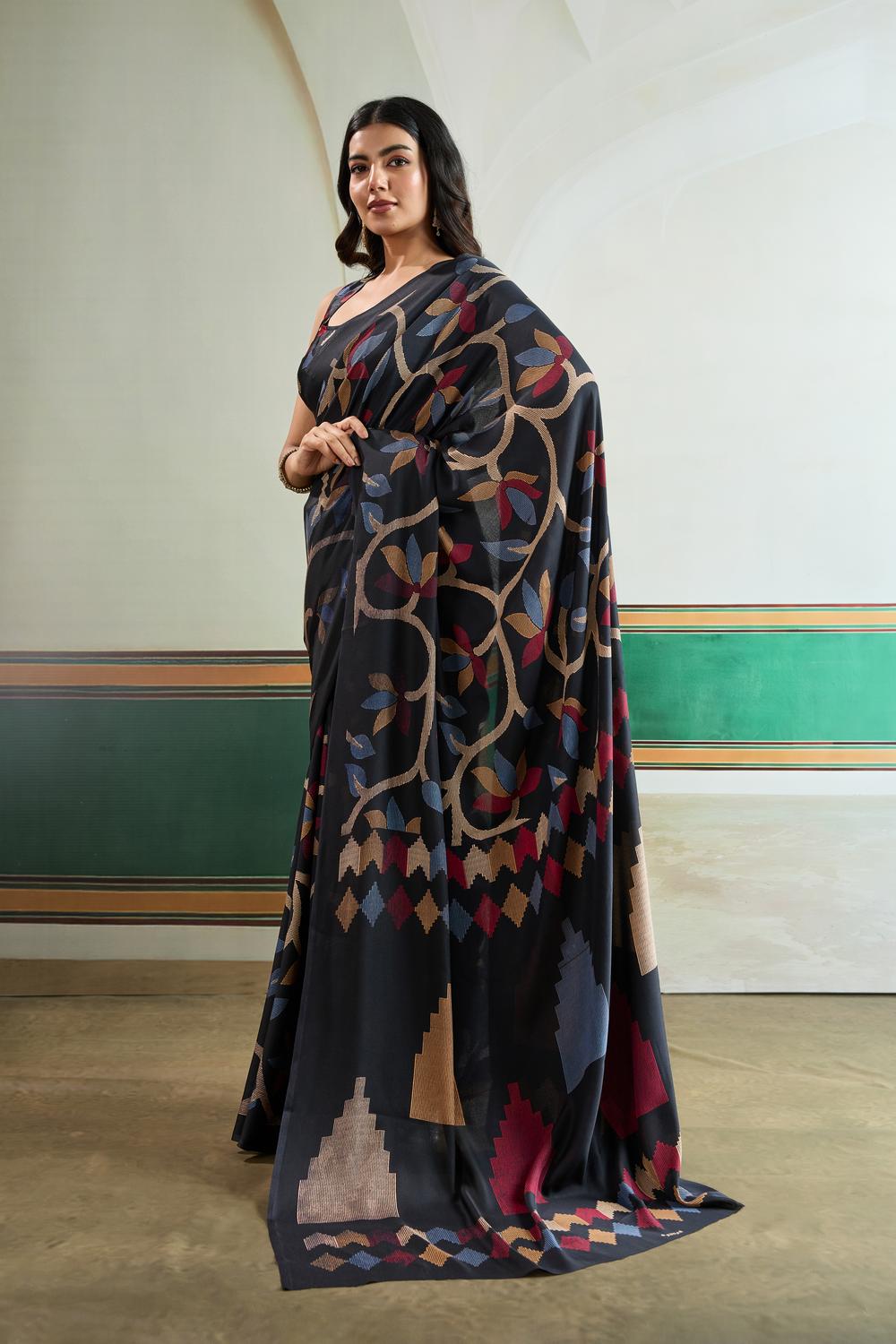 Aylani Black Modal Satin Ajrakh Print Ready to Wear Saree