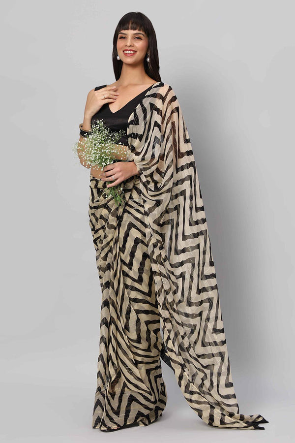 Maya Cream & Black Zigzag Georgette One Minute Saree