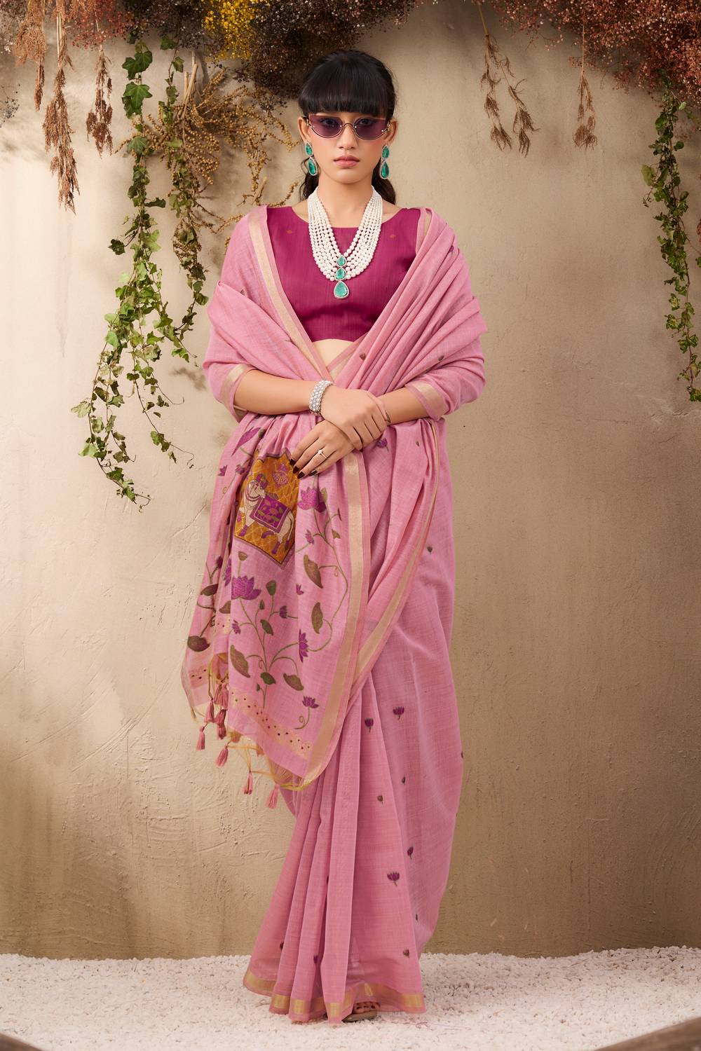Sanja Dusty Rose Cotton Woven Ready to Wear Saree