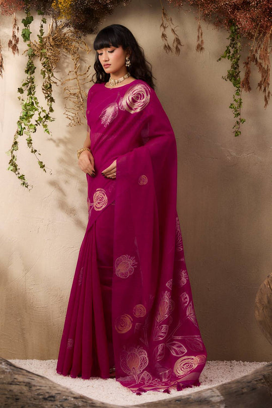 Samara Magenta Pink Woven Soft Silk with Floral Motif Work Ready to Wear Saree