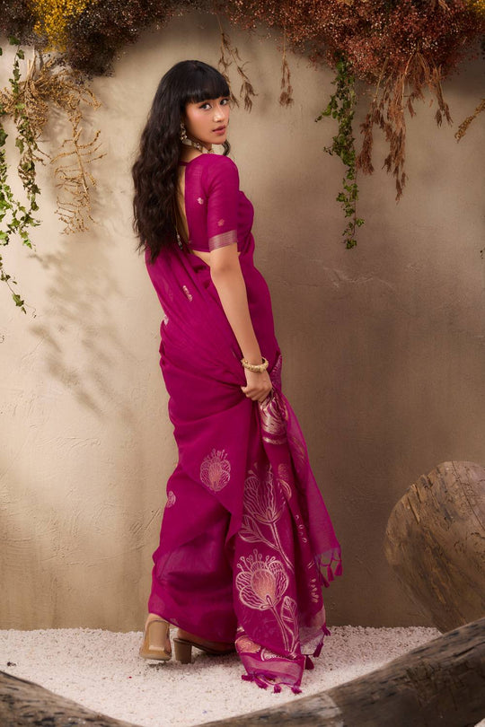 Samara Magenta Pink Woven Soft Silk with Floral Motif Work Ready to Wear Saree