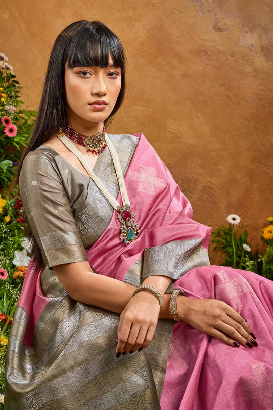 Flora Pink Paper Silk Handloom Woven Ready to Wear One Minute Saree