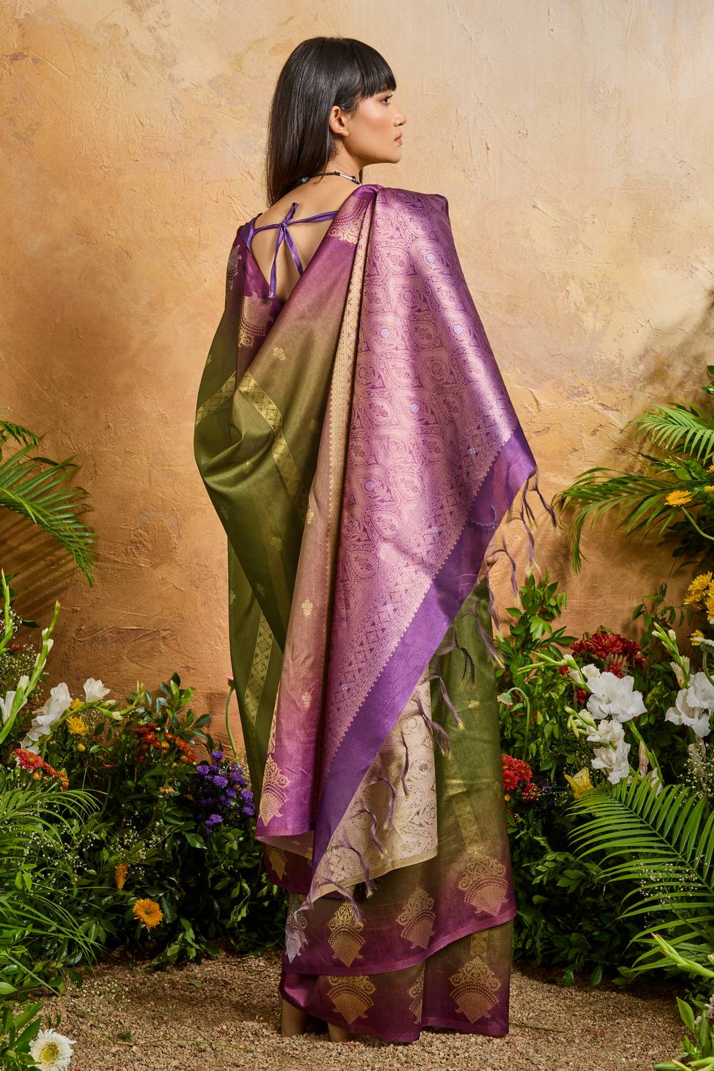 Suri Olive Green & Purple Paper Silk With Zari Work Ready to Wear One Minute Saree