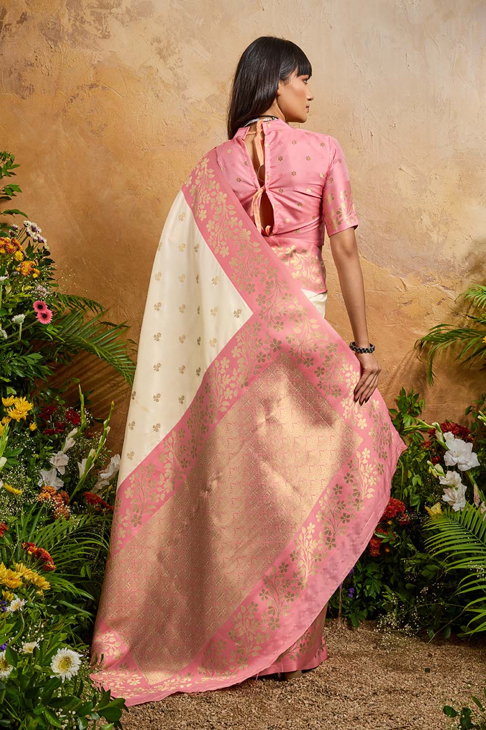 Roya Cream Pink Handloom Weaving Silk Ready to Wear Saree