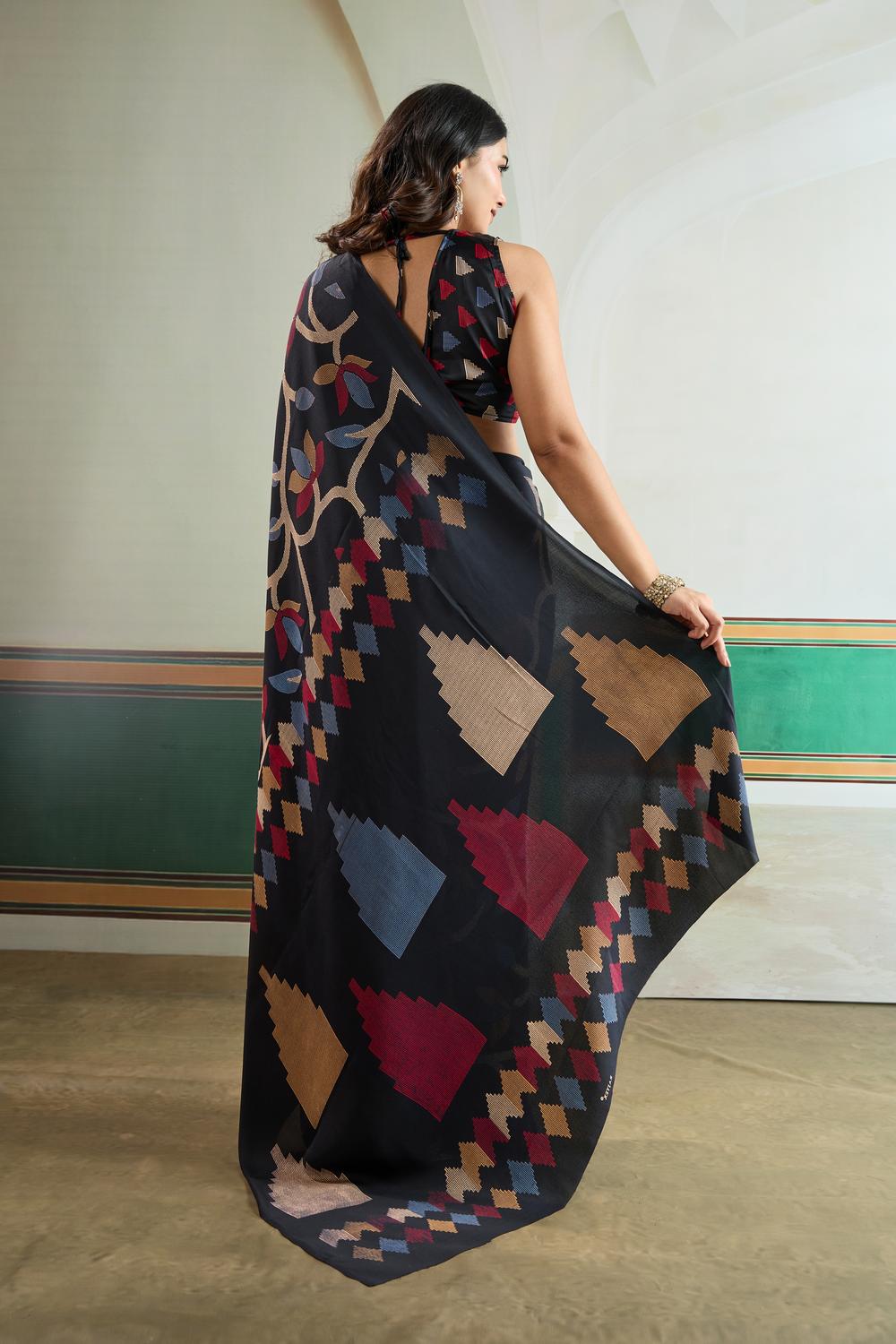 Aylani Black Modal Satin Ajrakh Print Ready to Wear Saree