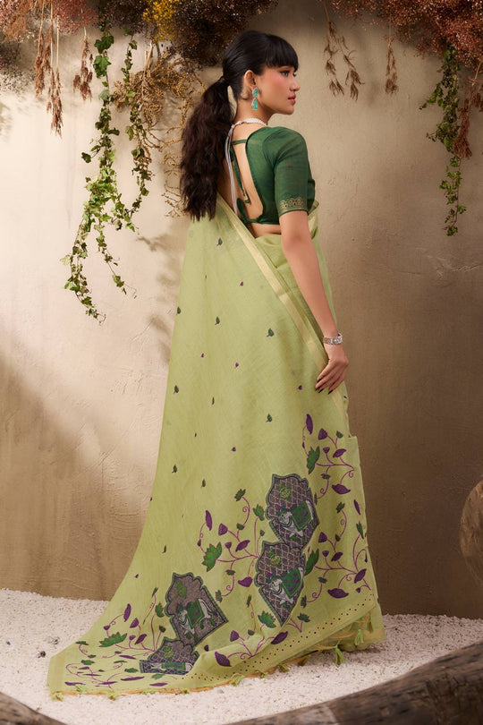 Sanja Pista Green Cotton Woven Ready to Wear Saree