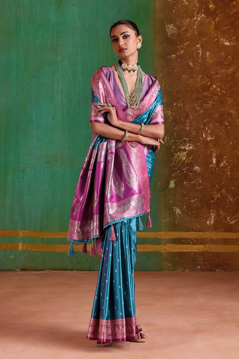 Julia Teal Satin Handloom Weaving Silk Ready to Wear Saree