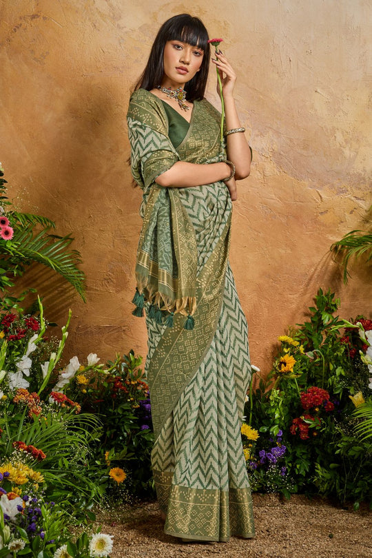 Helen Olive Green Viscose Cotton Handloom Woven Patola Ready to Wear Saree