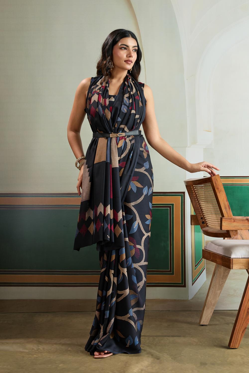 Aylani Black Modal Satin Ajrakh Print Ready to Wear Saree
